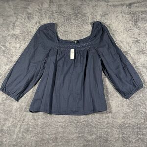 Banana Republic SzS Peasant Smocked Blouse Navy Boho Puff Sleeve OffShoulder 70s
